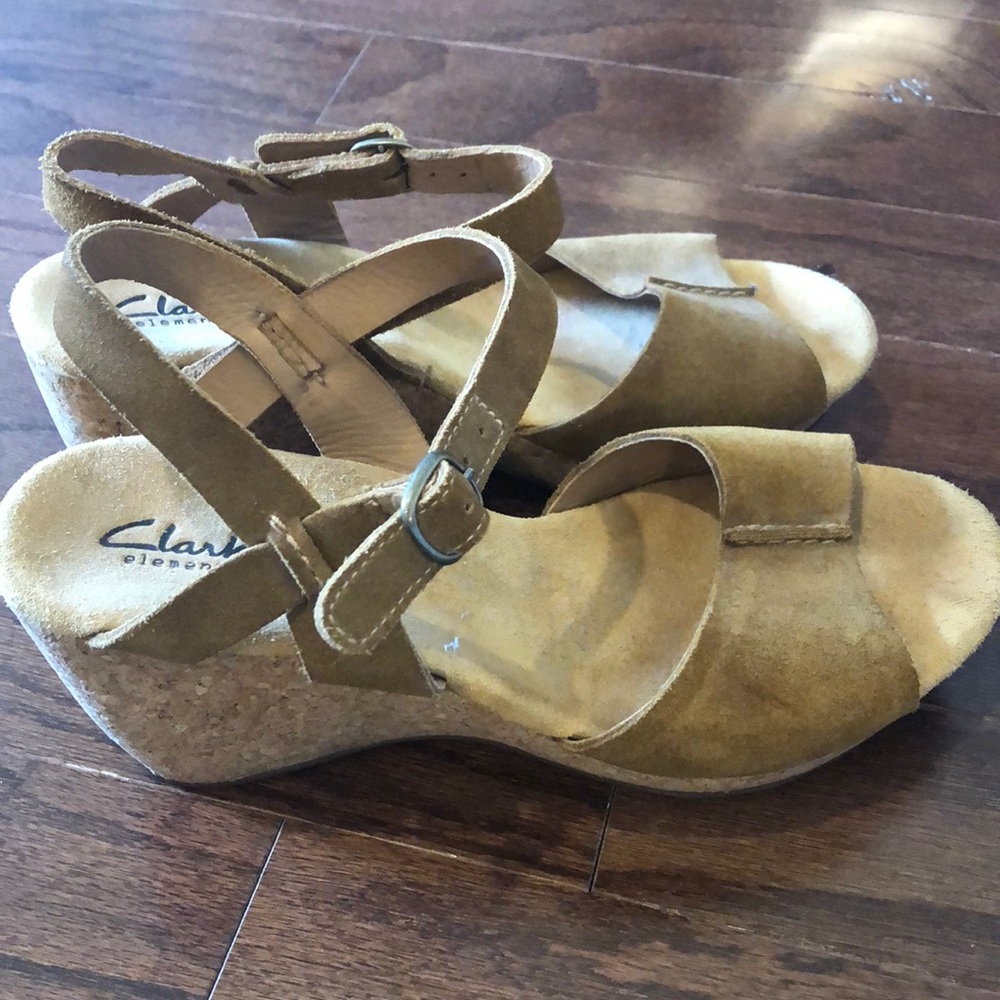 Clarks Tan Suede Cork Wedges